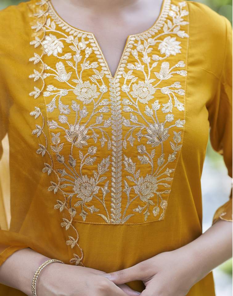 Yellow Silk Plain V Neck 3/4 Sleeve Straight Kurta Set With Pant & Dupatta