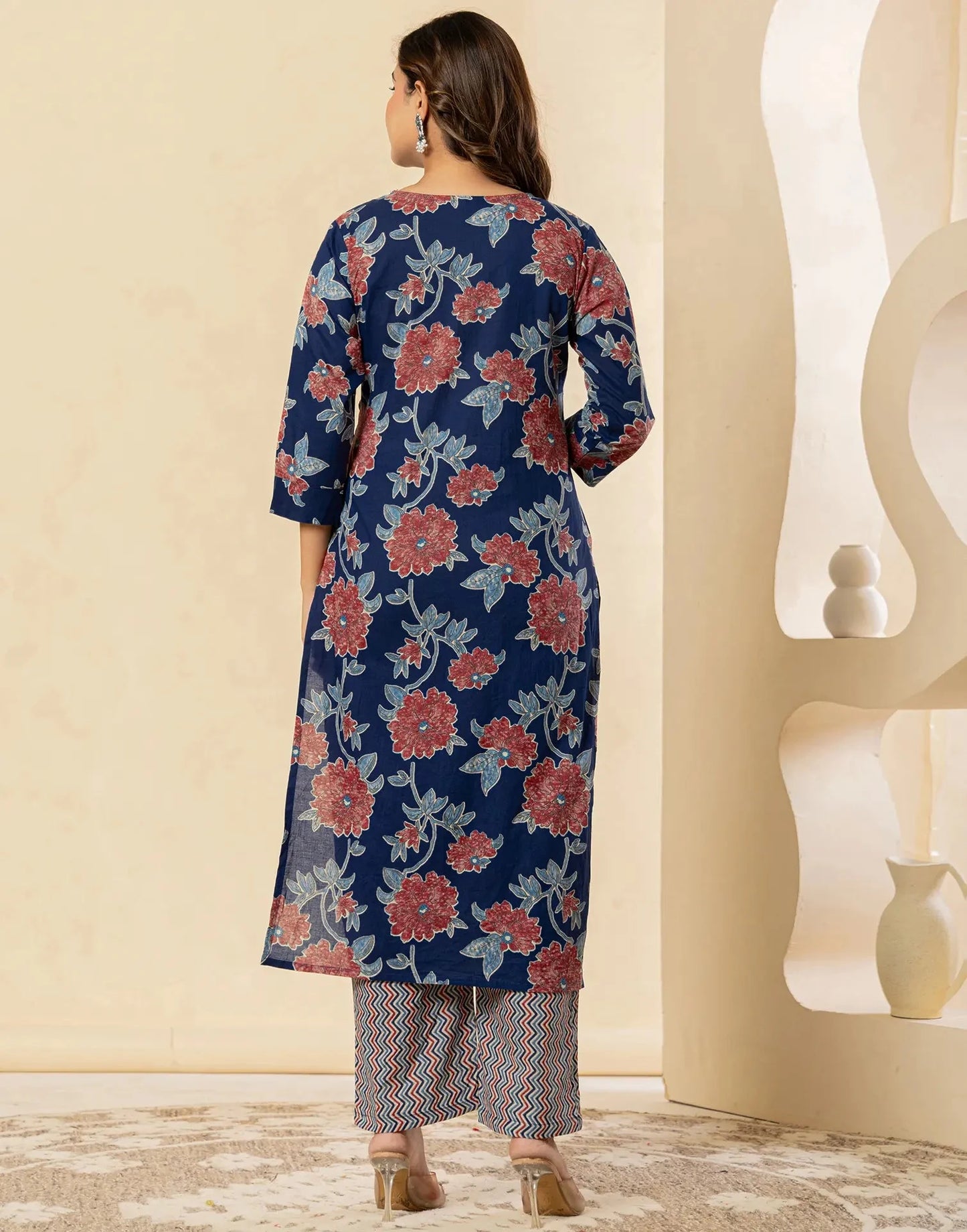 Cotton Printed Straight V-Neck Kurta with Pant & Dupatta