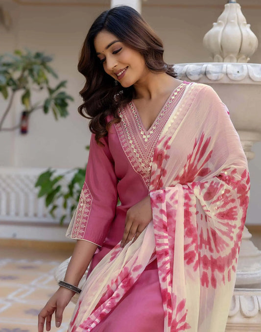 Silk Embroidery, Sequins Work and Gota Patti Work Straight Kurta with Pant & Dupatta