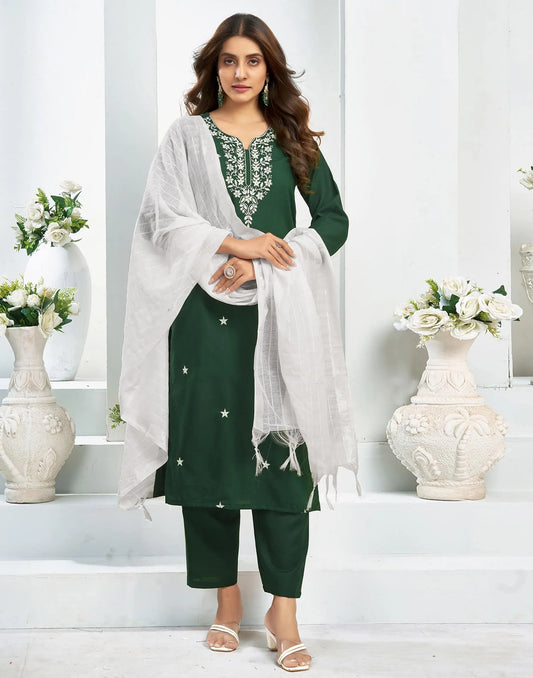 Cotton Blend Embroidered Straight Kurta with Pant & Dupatta