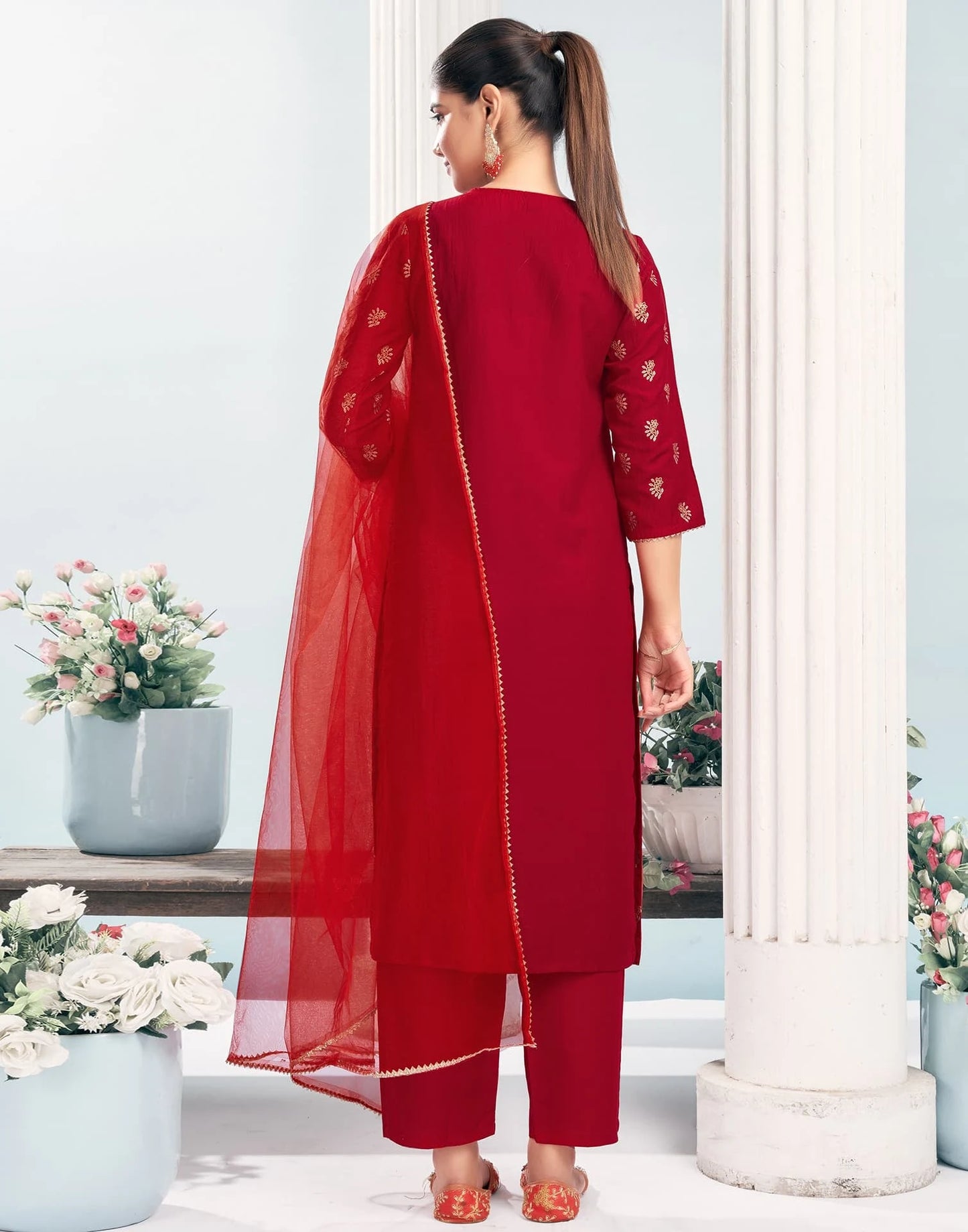 Silk Blend Dyed, Foil Print and Lace Straight Kurta with Pant & Dupatta