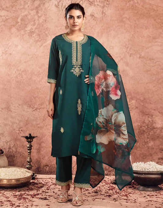 Silk Blend Embroidered Straight Kurta with Pant & Dupatta