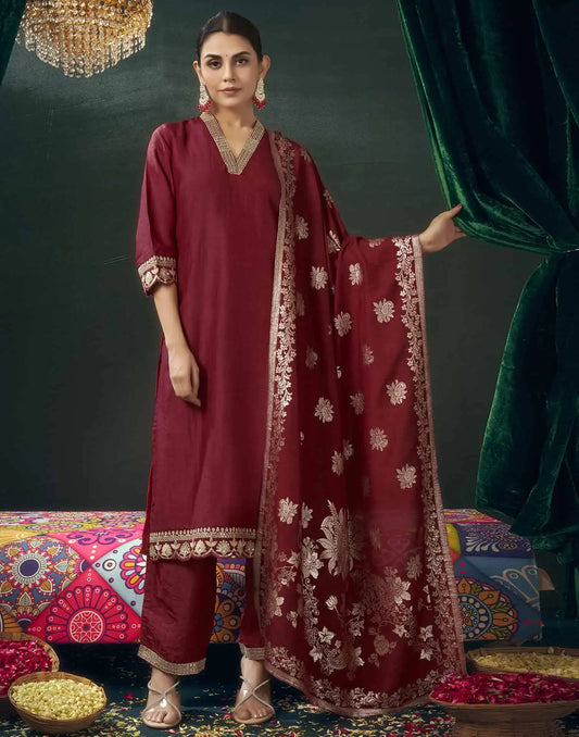 Silk Blend Embroidered Straight Kurta with Pant & Dupatta