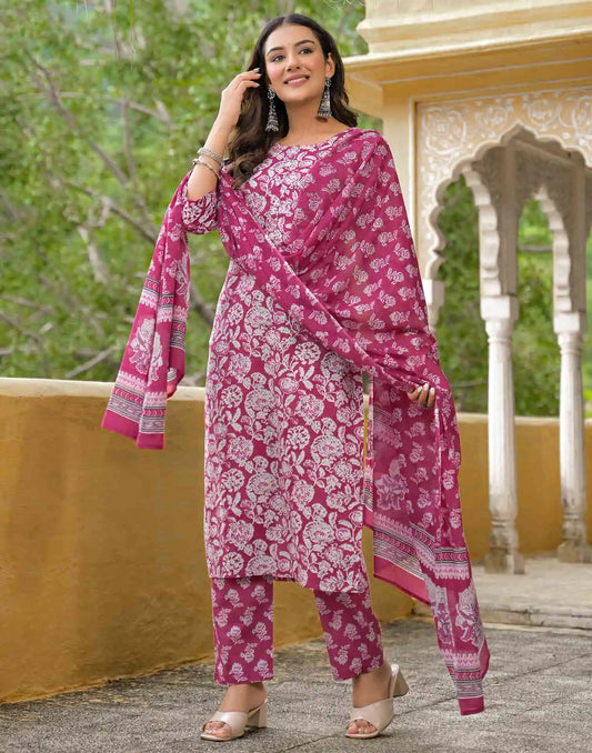 Cotton Straight Printed Round Neck Kurta with Pant & Dupatta