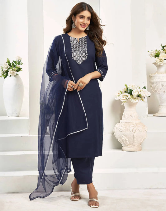 Cotton Blend Sequence, Embroidery Work and Gota Lace Straight Kurta with Pant & Dupatta