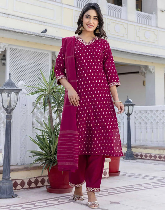 Purple Cotton Woven A-Line Kurta Set with Pant & Dupatta for Women