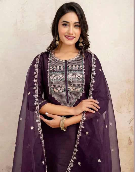 Purple Silk Sequence Embroidered Straight Kurta Set with Pant and Dupatta – Elegant Wedding & Festive Wear for Women