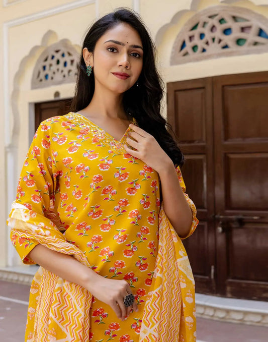 Cotton Printed, Embroidery and Sequins Work, Lace Straight Kurta with Pant & Dupatta