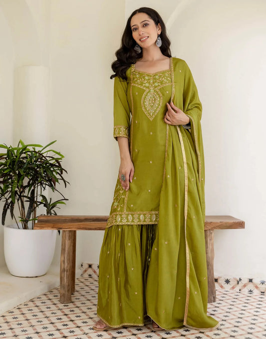 Silk Straight Embroidery Square Neck Kurta with Pant & Dupatta