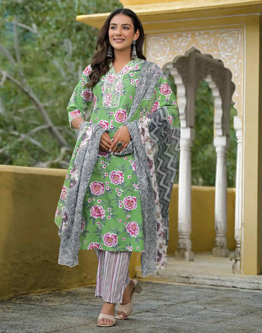 Cotton Straight Printed V-Neck Kurta with Pant & Dupatta
