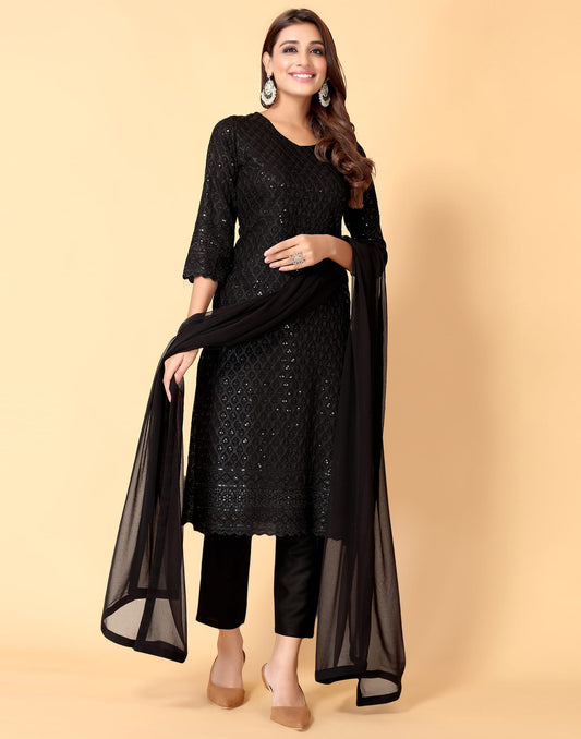 Black Rayon Straight Kurta Set with Sequence Embroidery under 1000