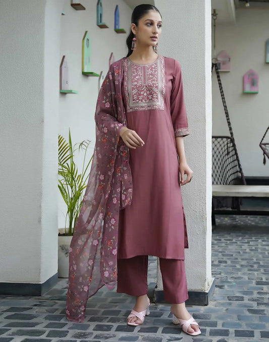 Silk Blend Embroidered Straight Kurta with Pant & Dupatta