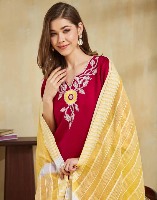 Cotton Blend Embroidery Straight Kurta with Pant & Dupatta