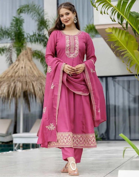 Silk Anarkali Embroidery Round Neck Kurta with Pant & Dupatta