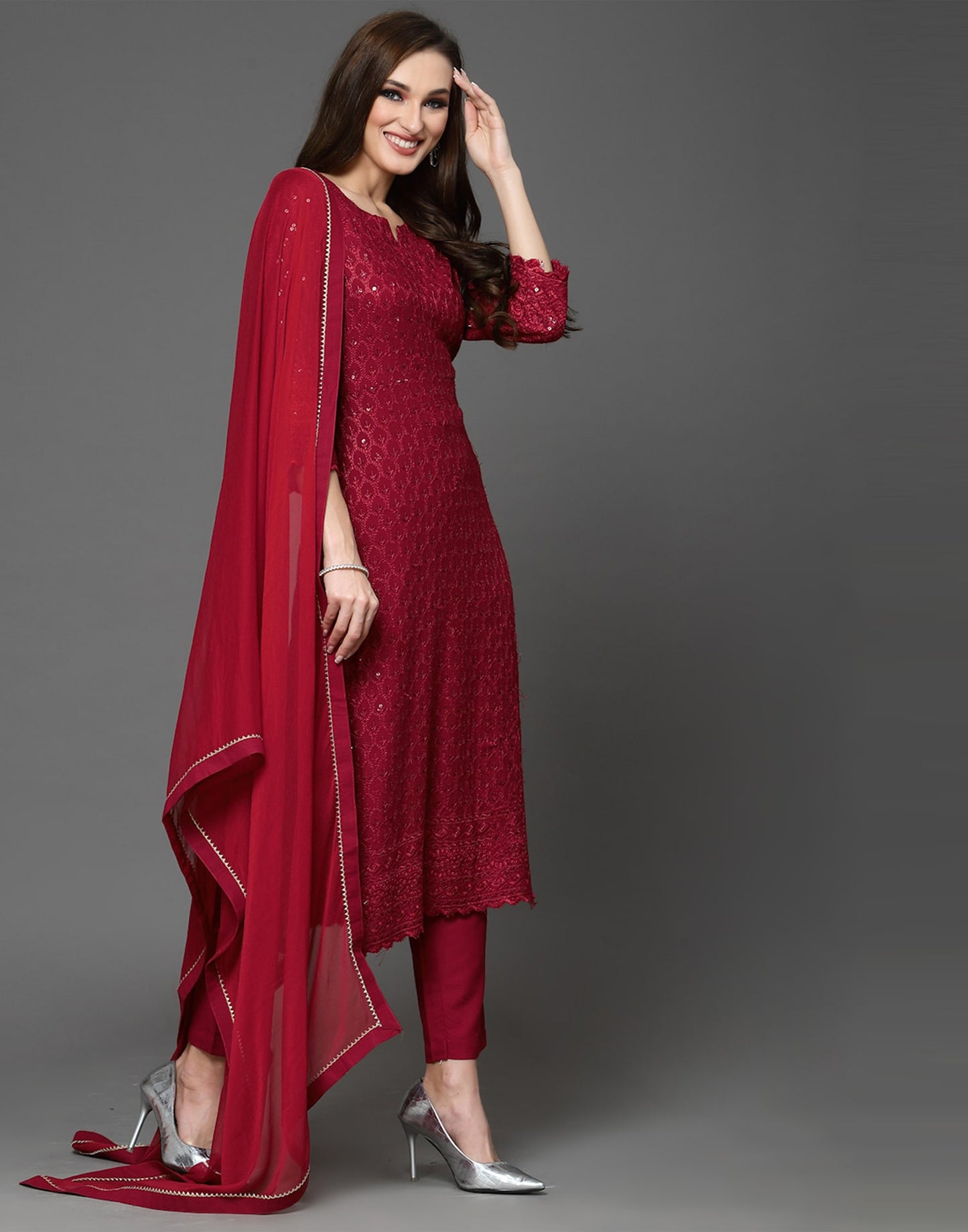 Maroon Rayon Straight Kurta Set with Sequence Embroidery under 1000