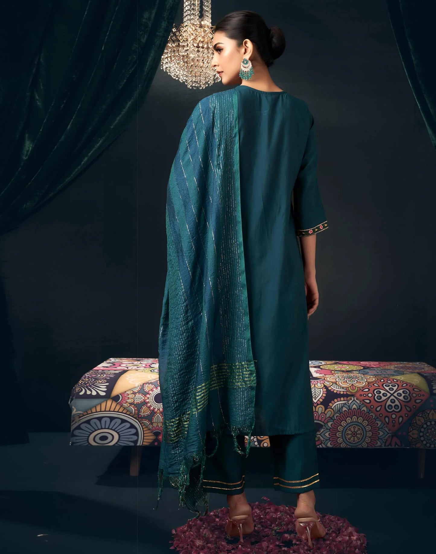 Silk Blend Embroidered Straight Kurta with Pant & Dupatta