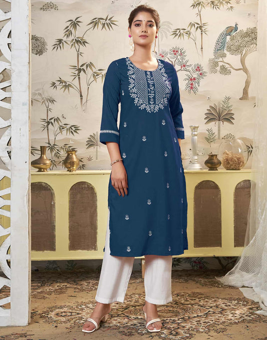 Cotton Embroidered Straight Kurti