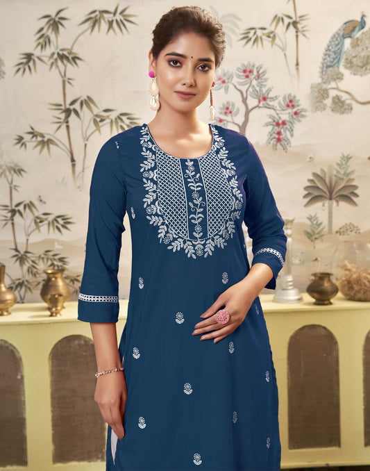 Cotton Embroidered Straight Kurti