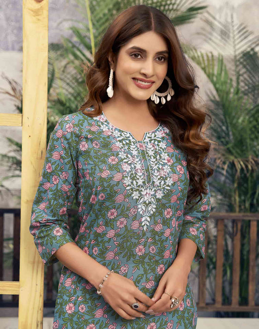 Cotton Embroidered Straight Kurti