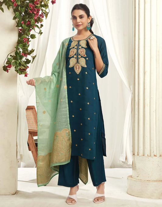 Silk Blend Embroidered Straight Kurta with Pant & Dupatta