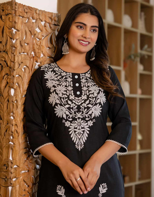 Cotton Embroidered Straight Kurti