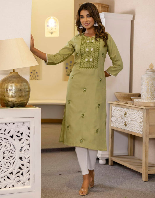 Cotton Embroidered Straight Kurti