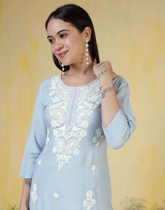 Rayon Embroidered Straight Kurti