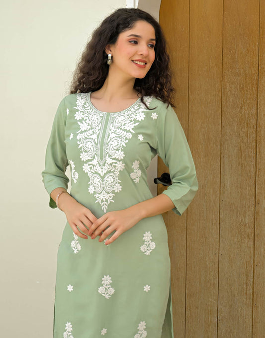 Rayon Embroidered Straight Kurti