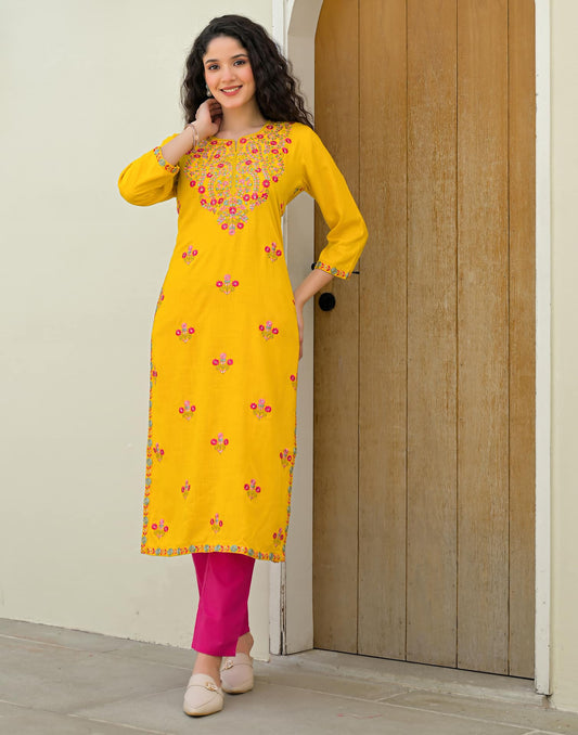 Cotton Embroidered Straight Kurti