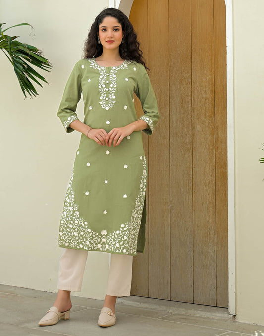 Cotton Embroidered Straight Kurti