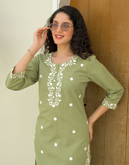 Cotton Embroidered Straight Kurti
