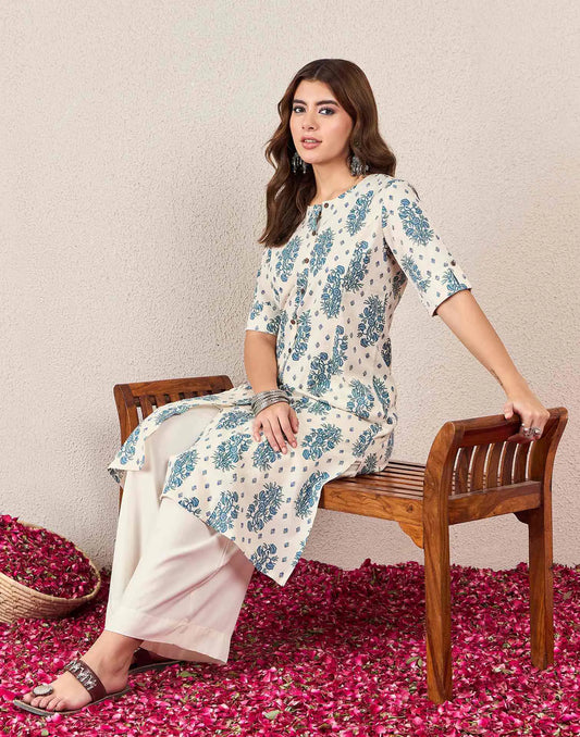 Cotton Printed A-line Mandarin Collar Kurti