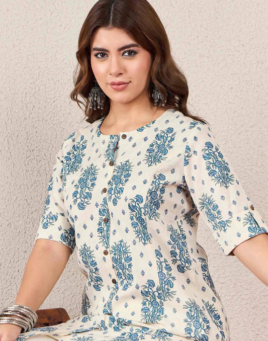 Cotton Printed A-line Mandarin Collar Kurti