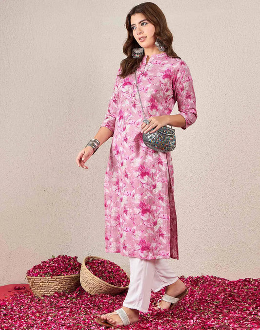 Cotton Embroidered Straight Mandarin Collar Kurti