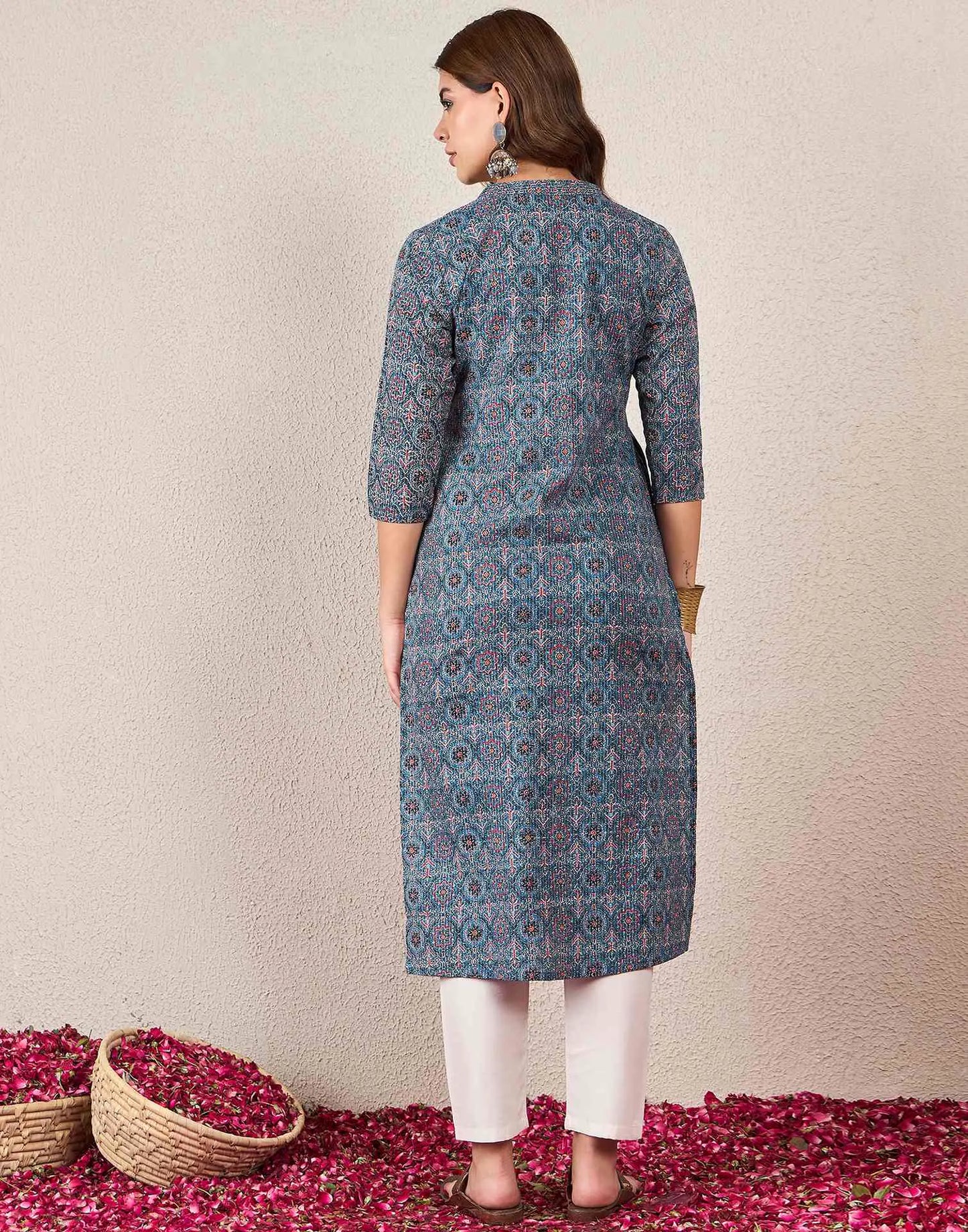 Cotton Embroidered Straight Round Neck Kurti