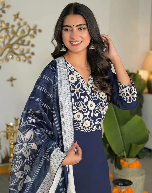 Silk Embroidered V-Neck Straight Kurta with Pant & Dupatta