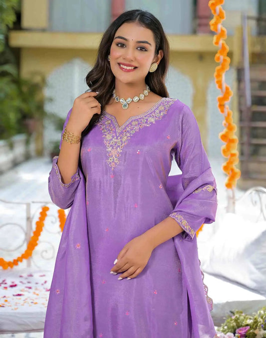 Tissue Silk Embroidered Straight U-Neck Kurta with Pant & Dupatta