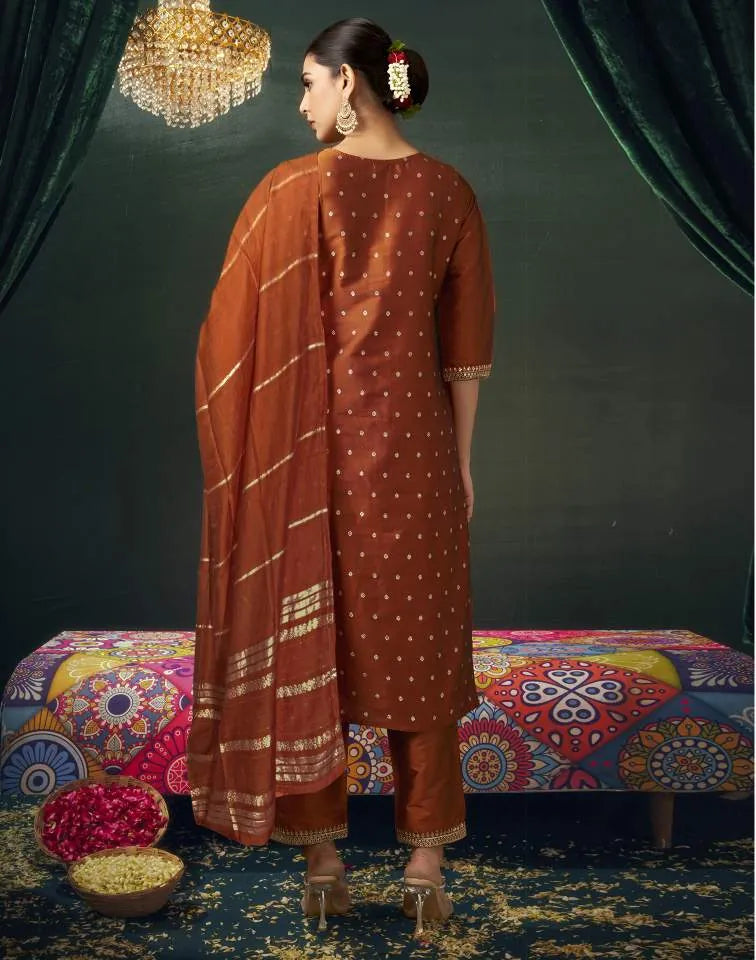 Rust silk straight kurta set women