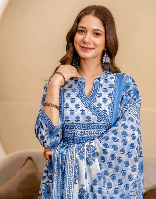 Cotton Printed Straight Kurta with Pant & Dupatta