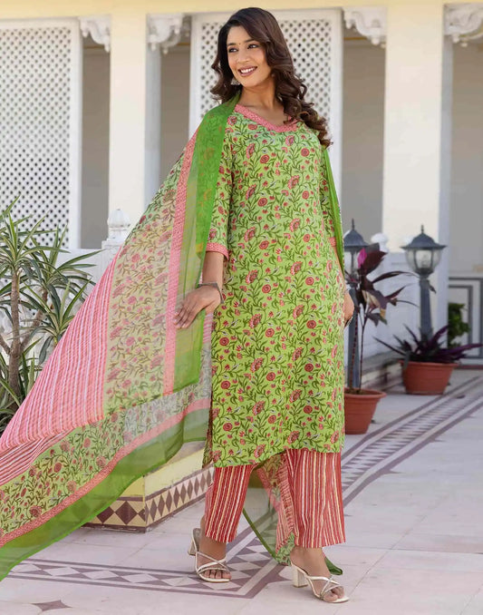 Cotton Blend Floral Printed and Lace Straight Kurta with Pant & Dupatta