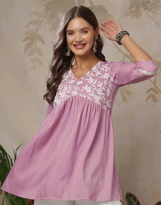 Cotton Blend Chikankari Flared V-Neck Short Kurti