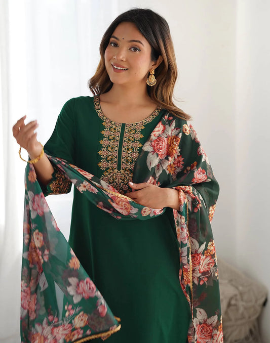 Silk Blend Embroidery, Sequence Work and lace Straight Kurta with Pant & Dupatta