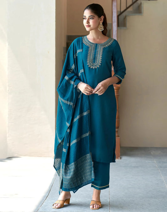 Cotton Blend Embroidery and Lace Straight Kurta with Pant & Dupatta