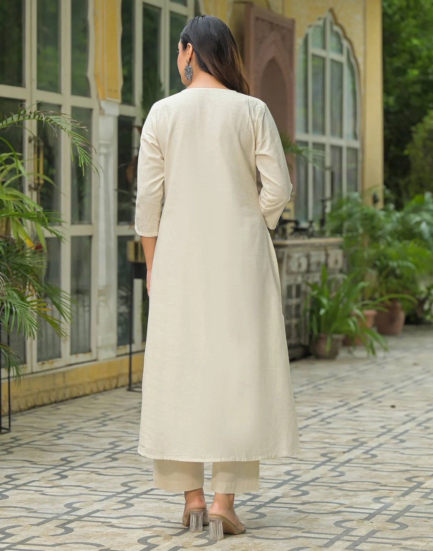 Beige Cotton Embroidered A-Line Kurta Set with Pant & Dupatta for Women Round Neck, Casual & Office Wear Under 1299