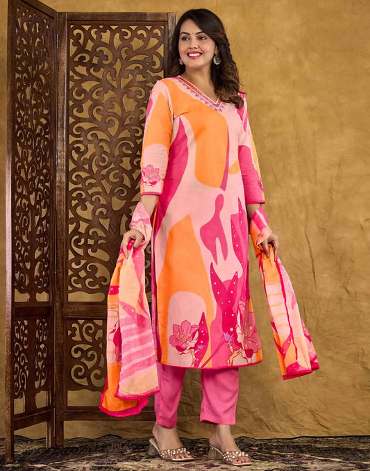 Cotton Straight Printed V-Neck Kurta with Pant & Dupatta