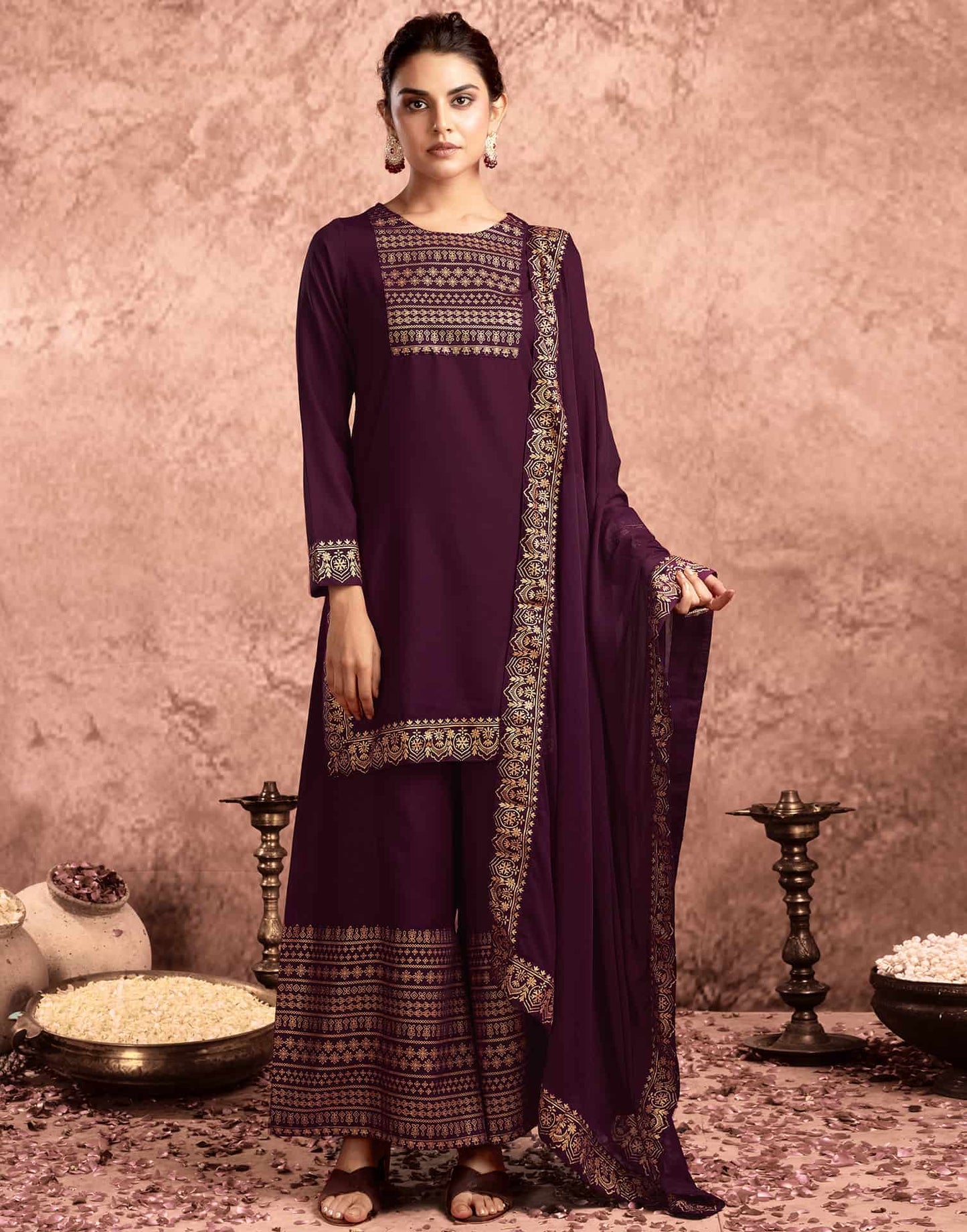 Purple Cotton Printed Straight Kurta with Pant & Dupatta Festive Wear under 1000