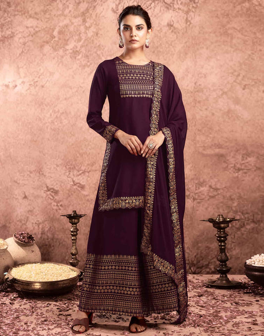 Purple Cotton Printed Straight Kurta with Pant & Dupatta Festive Wear under 1000