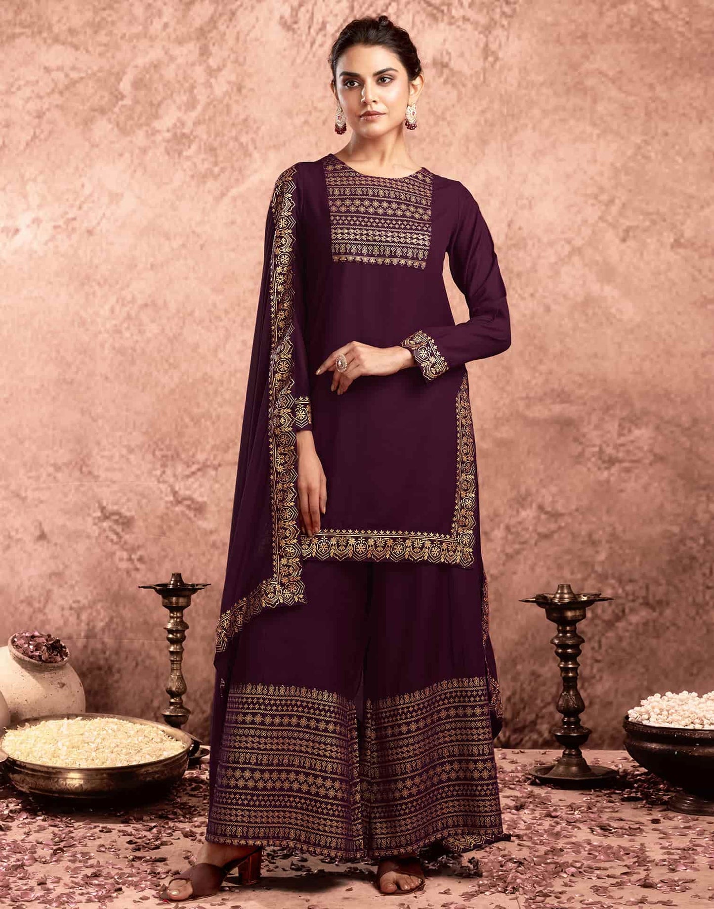 Purple Cotton Printed Straight Kurta with Pant & Dupatta Festive Wear under 1000