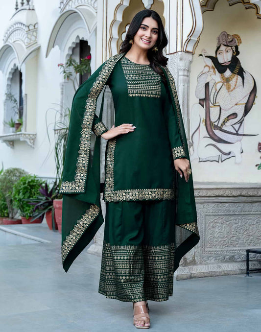 Dark Green Cotton Printed Straight Kurta with Pant & Dupatta Festive Wear for Women