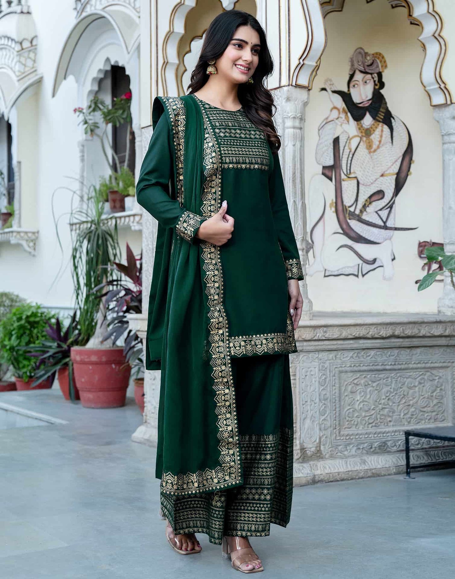 Dark Green Cotton Printed Straight Kurta with Pant & Dupatta Festive Wear for Women